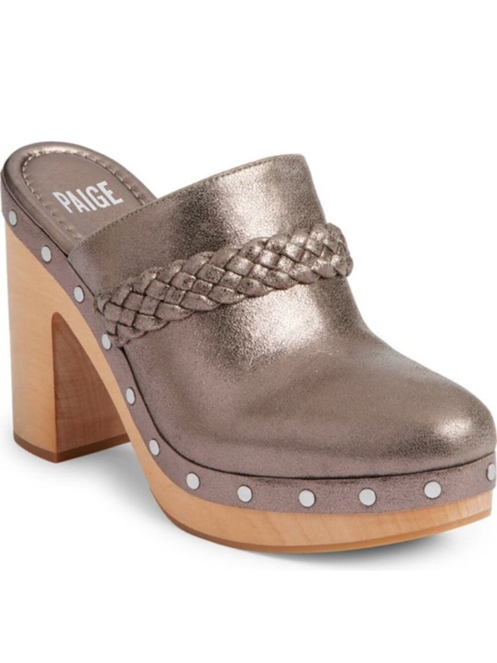 Paige Alex Clogs Suede Studs Braided Slip On Platform Heels Gunmetal Size 8 NEW